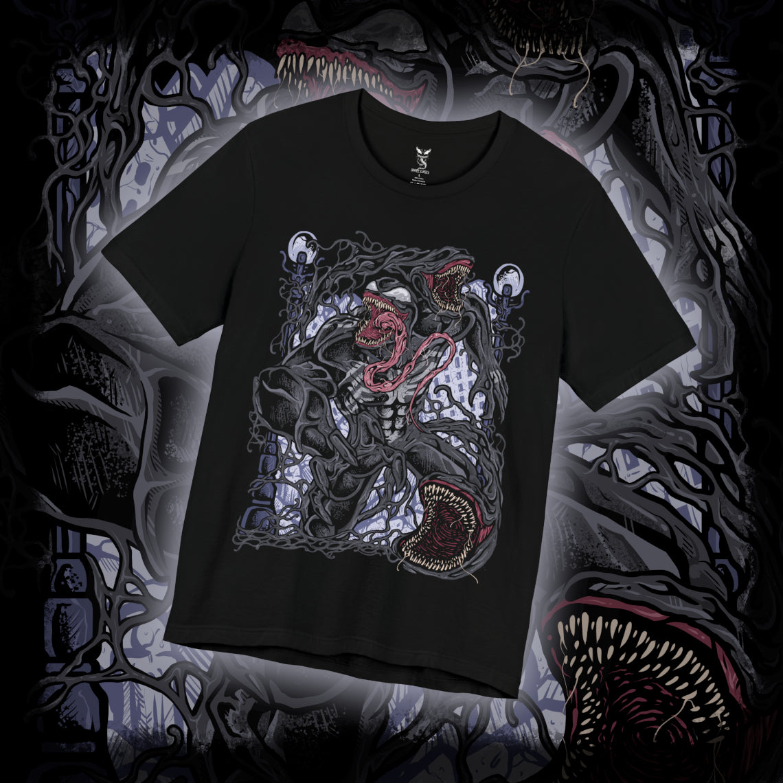 Thumbnail of a T-Shirt design of Venom from Marvel, towering in darkness as the black symbiote stretches across his massive muscular body. Sharp teeth glisten beneath glowing eyes while his long tongue curls outward, dripping saliva onto cracked pavement below. The design captures Venom’s monstrous power, predatory nature, and the terrifying fusion between alien symbiote and human host.