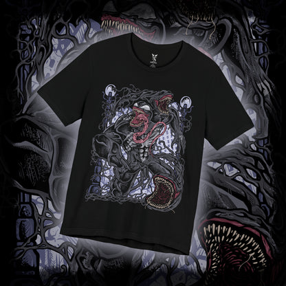 Thumbnail of a T-Shirt design of Venom from Marvel, towering in darkness as the black symbiote stretches across his massive muscular body. Sharp teeth glisten beneath glowing eyes while his long tongue curls outward, dripping saliva onto cracked pavement below. The design captures Venom’s monstrous power, predatory nature, and the terrifying fusion between alien symbiote and human host.